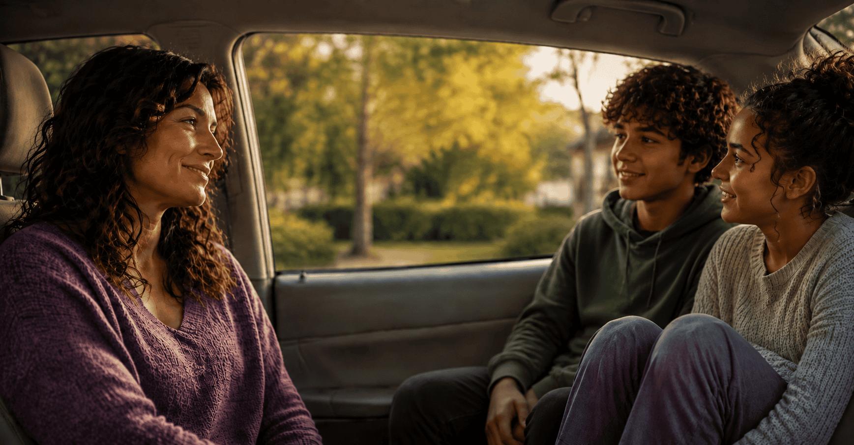 A parent and two teens sharing a relaxed moment in a parked car